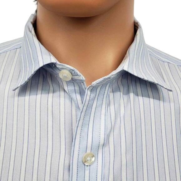 JOHNSTON & MURPHY Dress Shirt XL Contrast Flip Cuff Neck Blue White Striped L/S - Picture 1 of 14